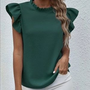 Mock Neck Lettuce Trim Ruffle Blouse